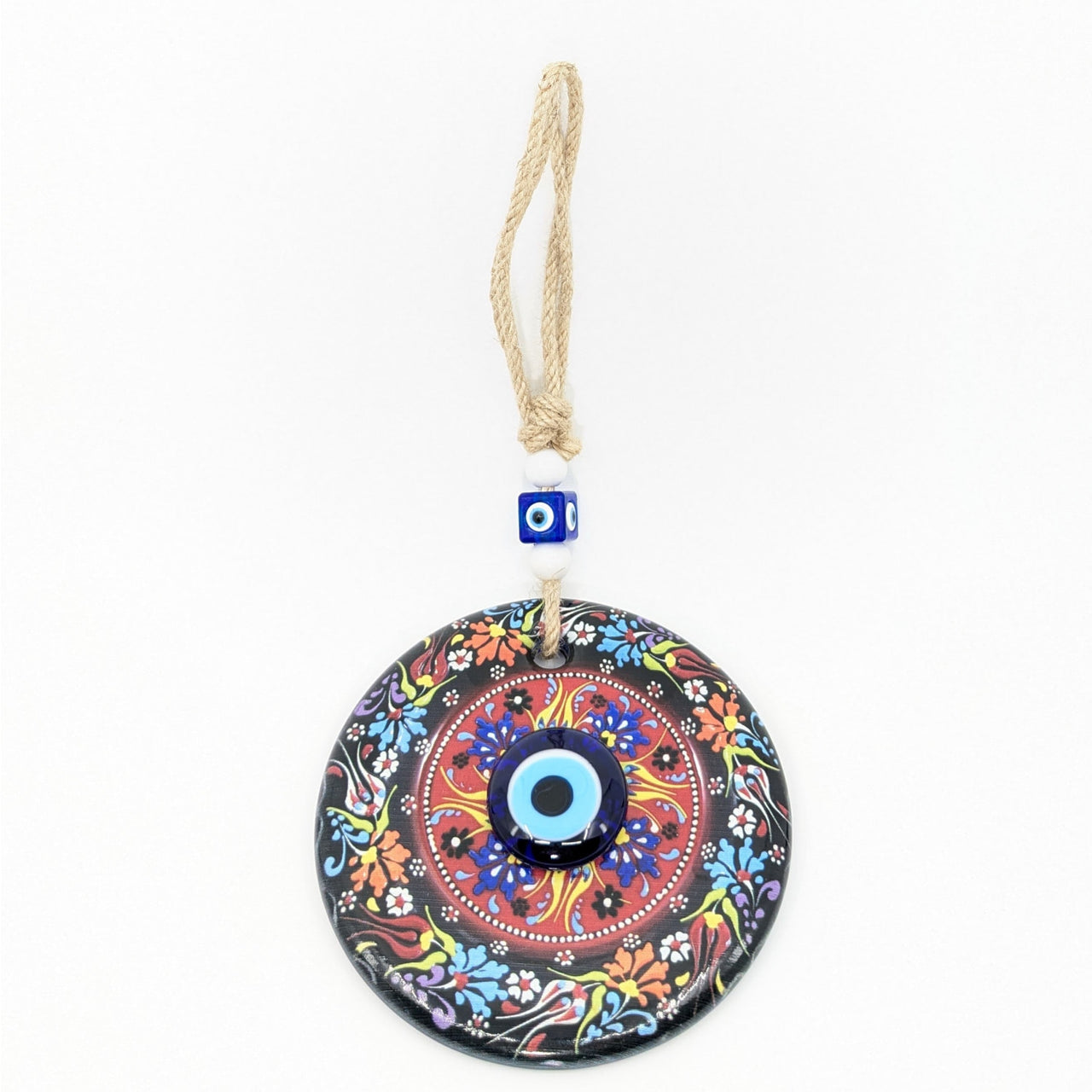 Gold Accent Evil Eye Wall Hanging with Floral Mandala Design and Rope Cord