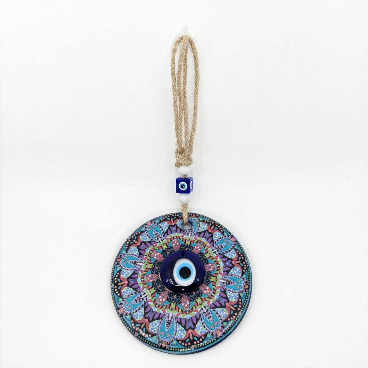 Decorative Blue and Purple Evil Eye Wall Hanging with Gold Accent on Jute Rope