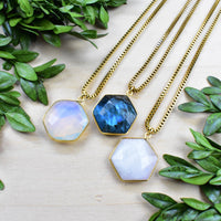 Three gold faceted hexagon labradorite necklaces, LV9393