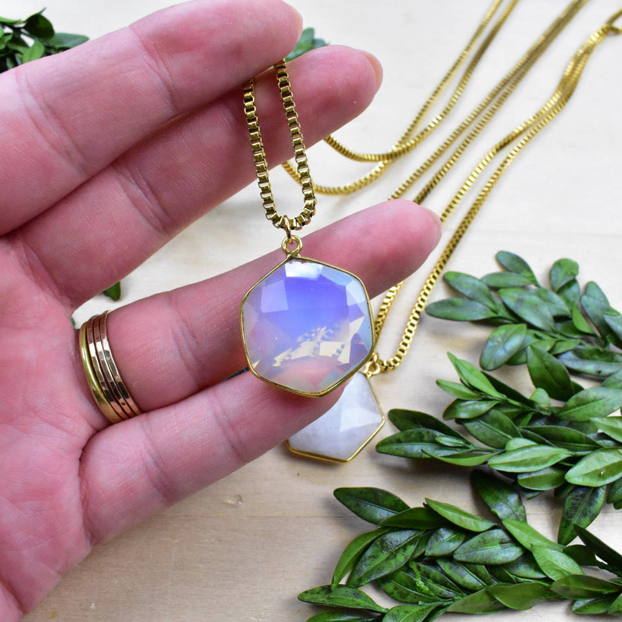 Gold Faceted Hexagon Moonstone Necklace with Iridescent Glow