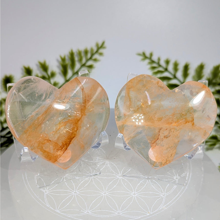 Two translucent peach heart crystals on stands, Gold Hematoid Quartz #BC0878