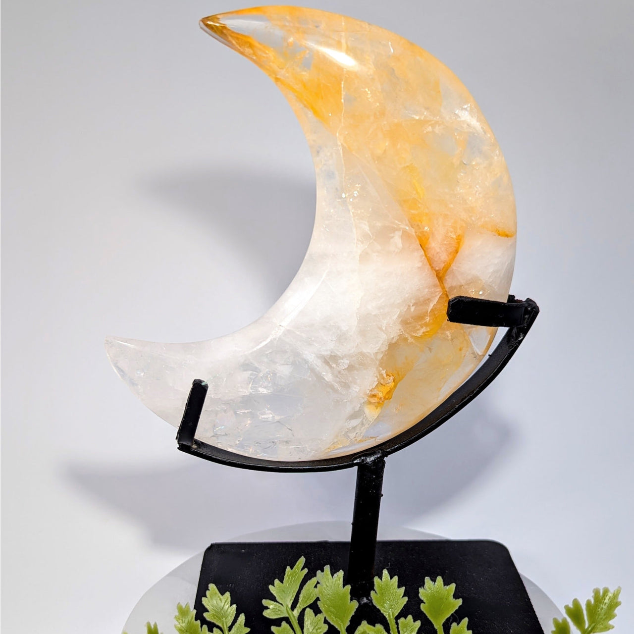 Translucent orange white gold hematoid quartz 6.75 inch moon on stand #BC0768