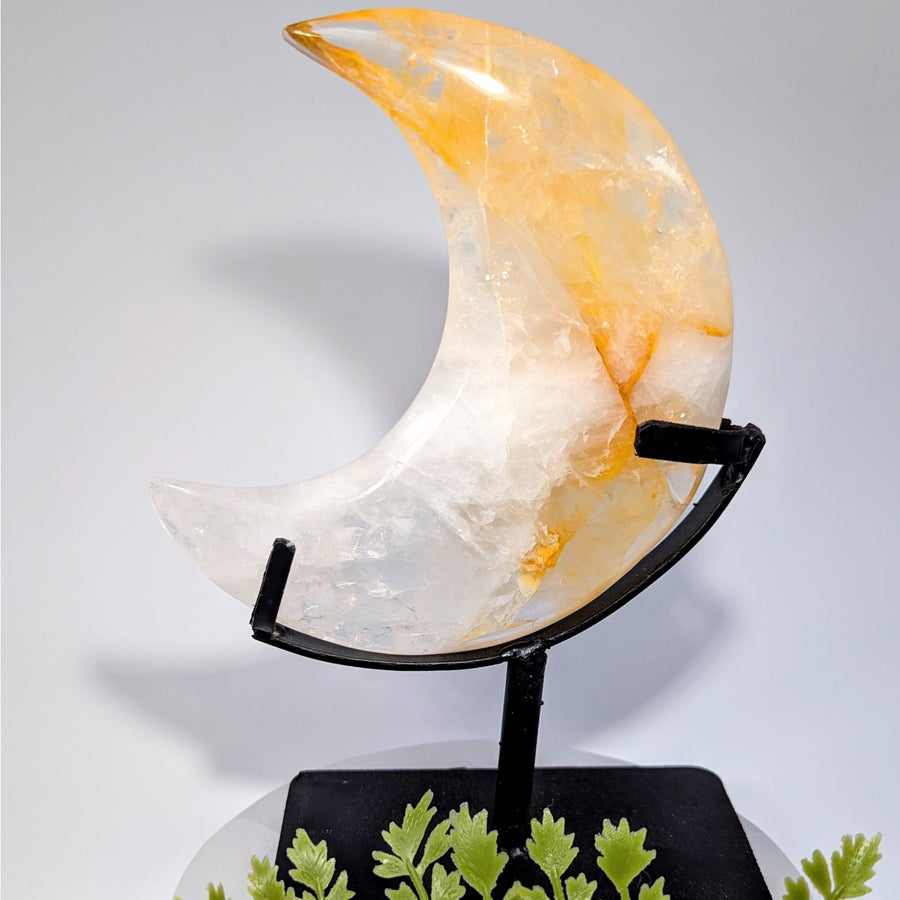 Translucent orange white gold hematoid quartz 6.75 inch moon on stand #BC0768