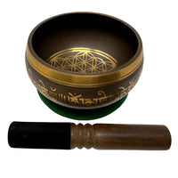 Gold Mantra Bowl 5.5’’ cast singing bowl with bronze finish, Flower of Life, Sanskrit