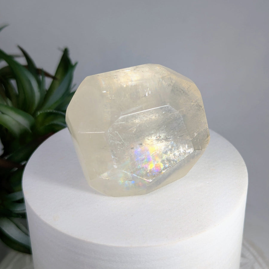 Translucent crystal with rainbow iridescence in Gold Optical Calcite 1.75 inch Geo Cut Freeform