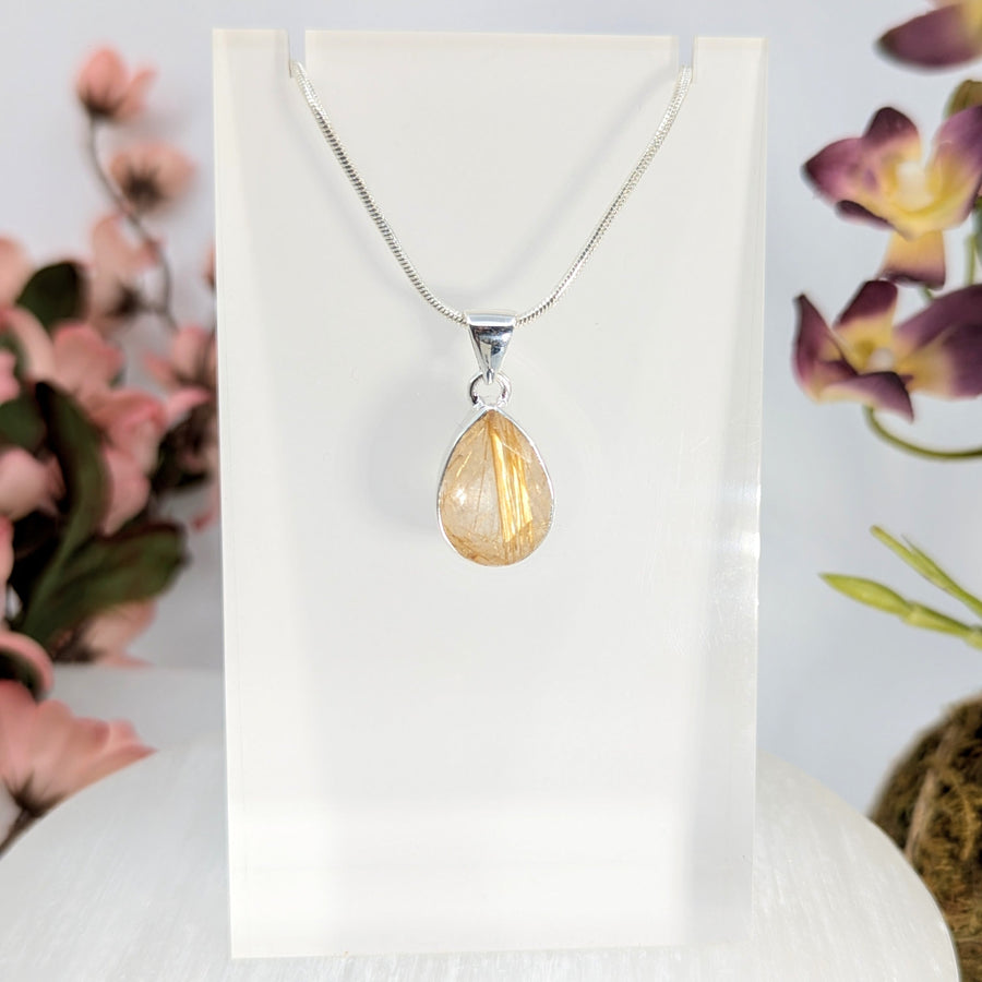Gold Rutilated Quartz Teardrop Pendant Necklace for spiritual growth and bliss crystals