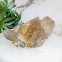 Thumbnail for Gold Rutilated Quartz Cluster on White Marble Block - Product #LV4012