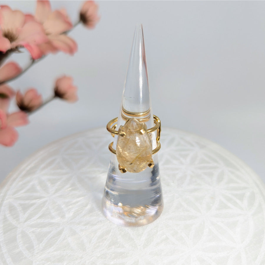 Gold ring with a pear-shaped Rutile Quartz gemstone, adjustable size, Gold #LV8502
