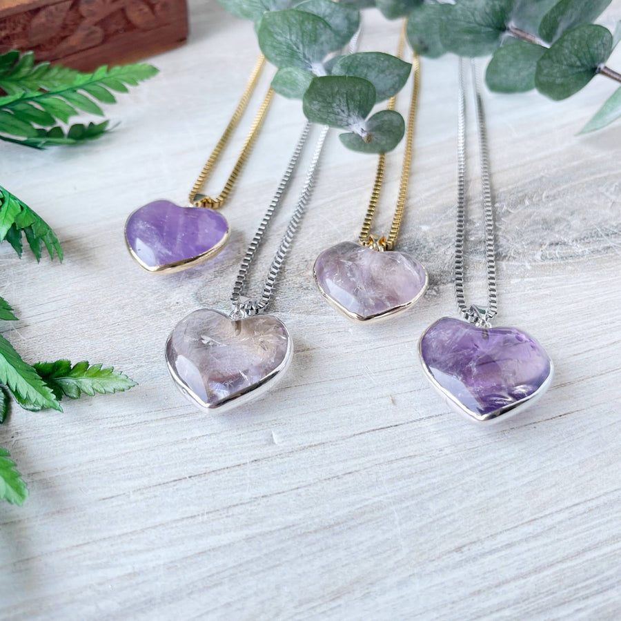 Four silver amethyst heart pendants on chain necklaces LV9397