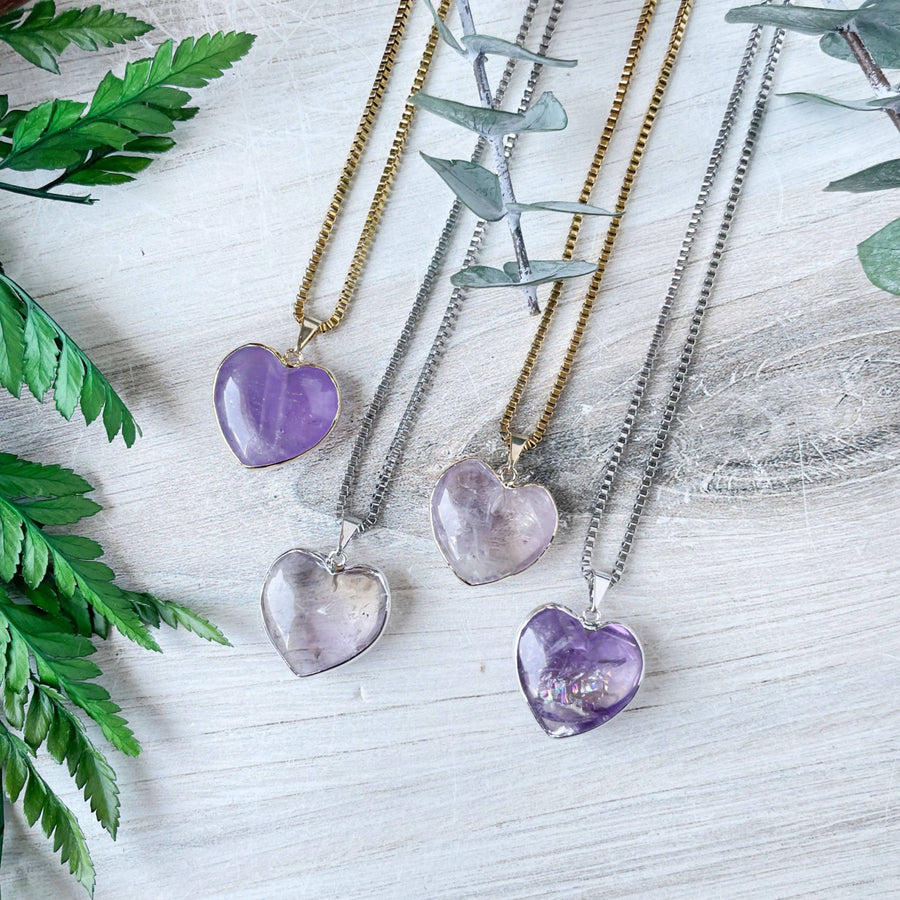 Four silver amethyst heart pendants on delicate chains #LV9397