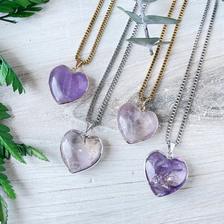 Heart-shaped amethyst pendant on delicate gold or silver chain necklace LV9397