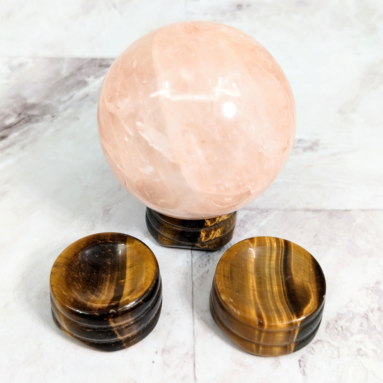 Pink marble sphere on Gold Tiger’s Eye 1’ Sphere Holder #LV2330