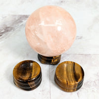Thumbnail for Pink marble sphere on Gold Tiger’s Eye 1’ Sphere Holder #LV2330