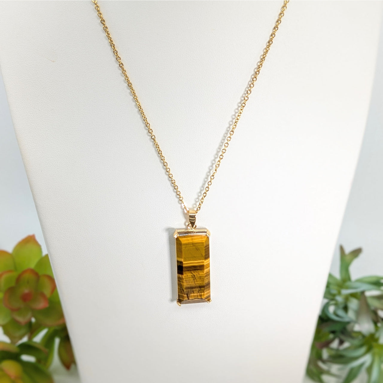 Gold Tiger’s Eye 17’’ Rectangle Pendant Necklace with amber-colored stone in gold setting