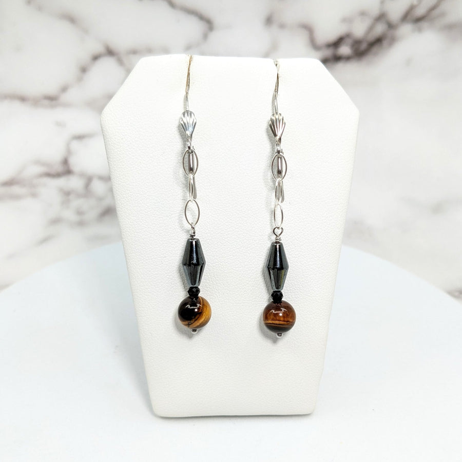 Gold Tiger’s Eye Drop Bead Earrings with Hematite & Black Tourmaline #SK9504