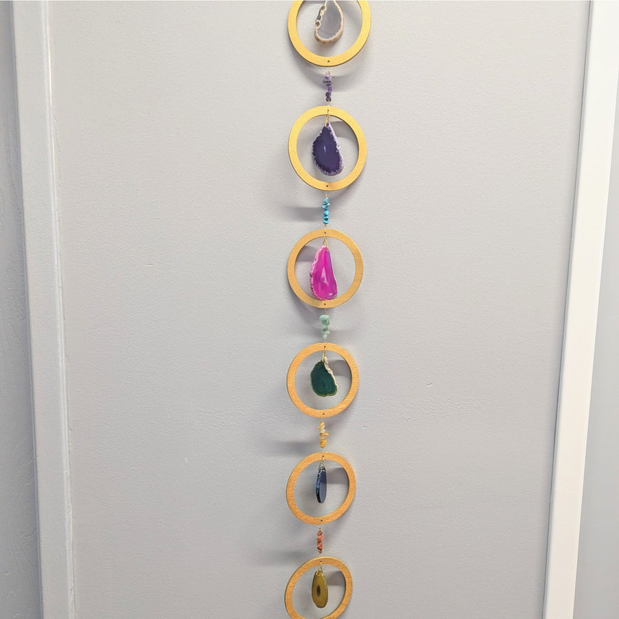 Hanging decorative agate and wood mobile with Gold Wooden Ring 36 and Agate Slice Suncatcher