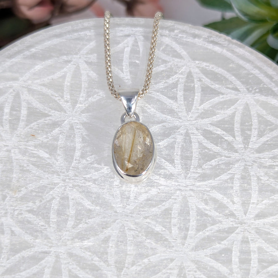 Silver chain necklace with oval faceted Rutilated Quartz pendant Golden Rutile #LV8417