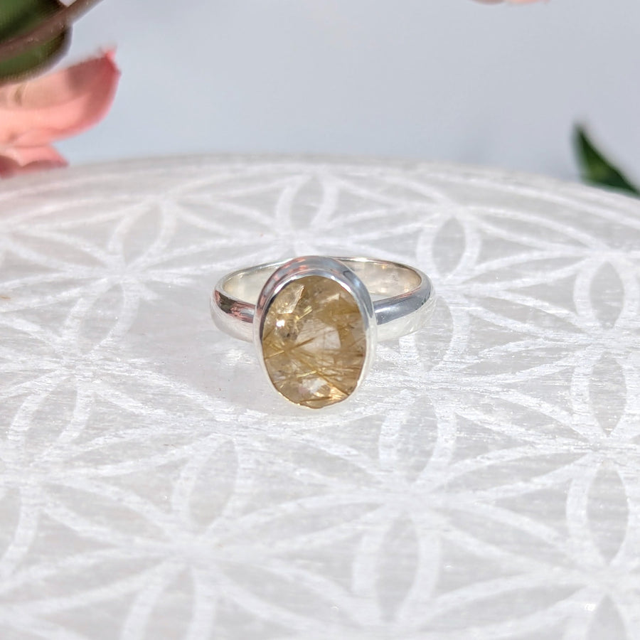 Silver ring with golden gemstone in Golden Rutile Sz 6.75 Oval Faceted S S Ring
