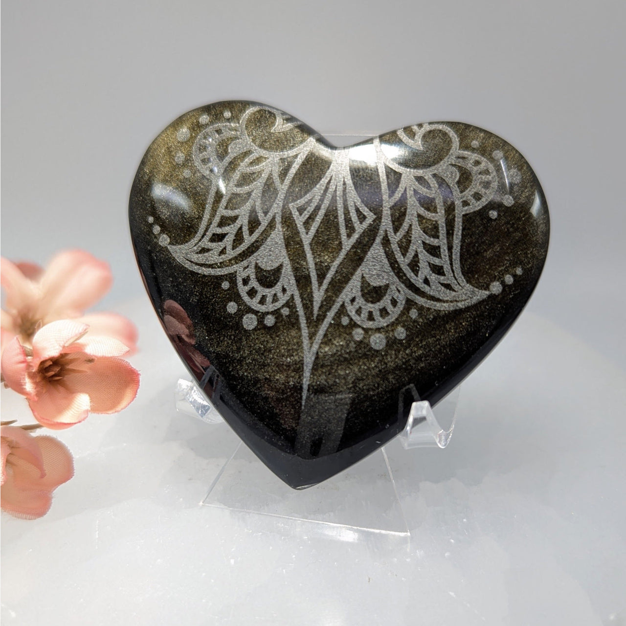Goldsheen Obsidian 2.5’’ Heart w Floral Etching #LV9333