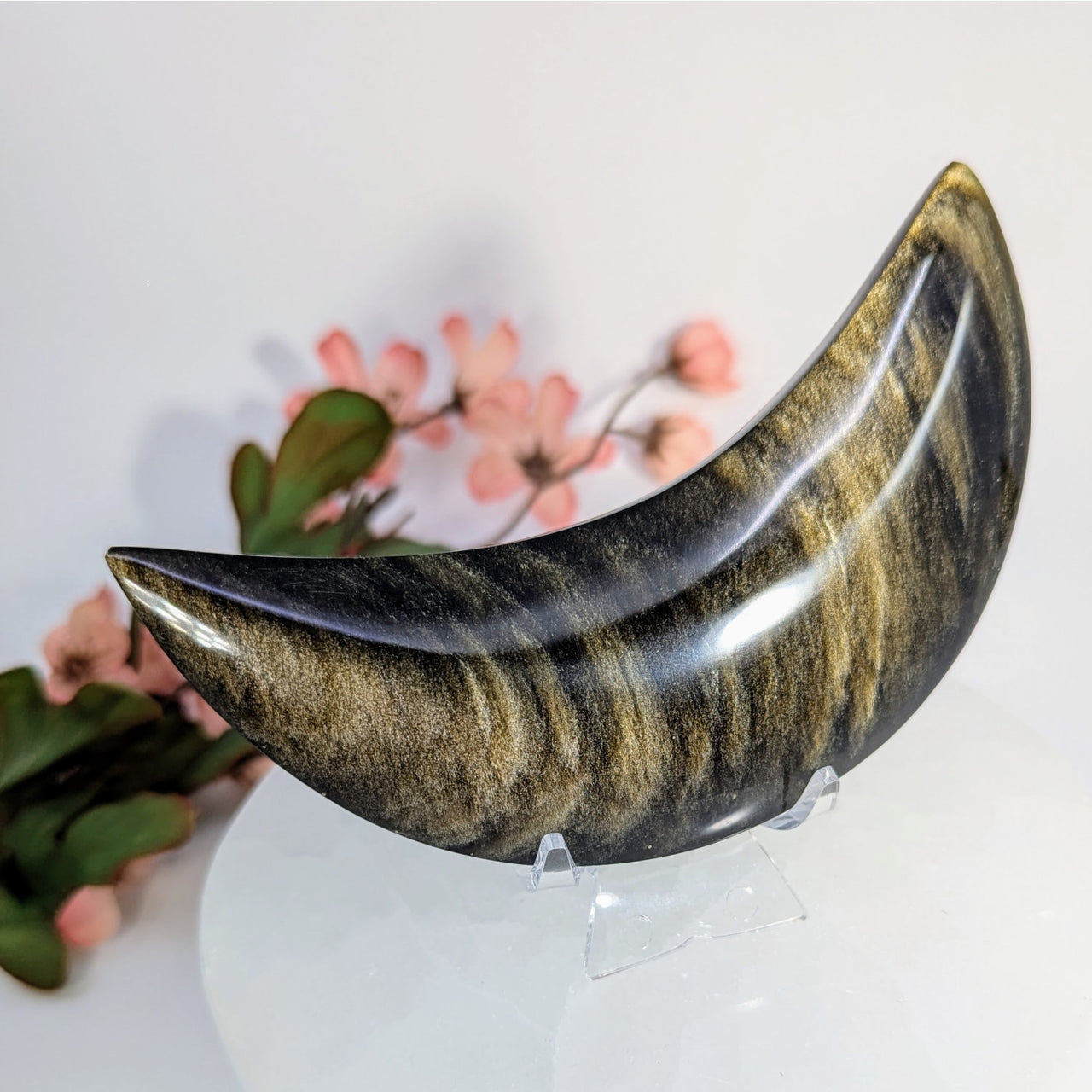 Polished crescent-shaped Golden Obsidian crystal from Goldsheen Obsidian 4.9 inch carving