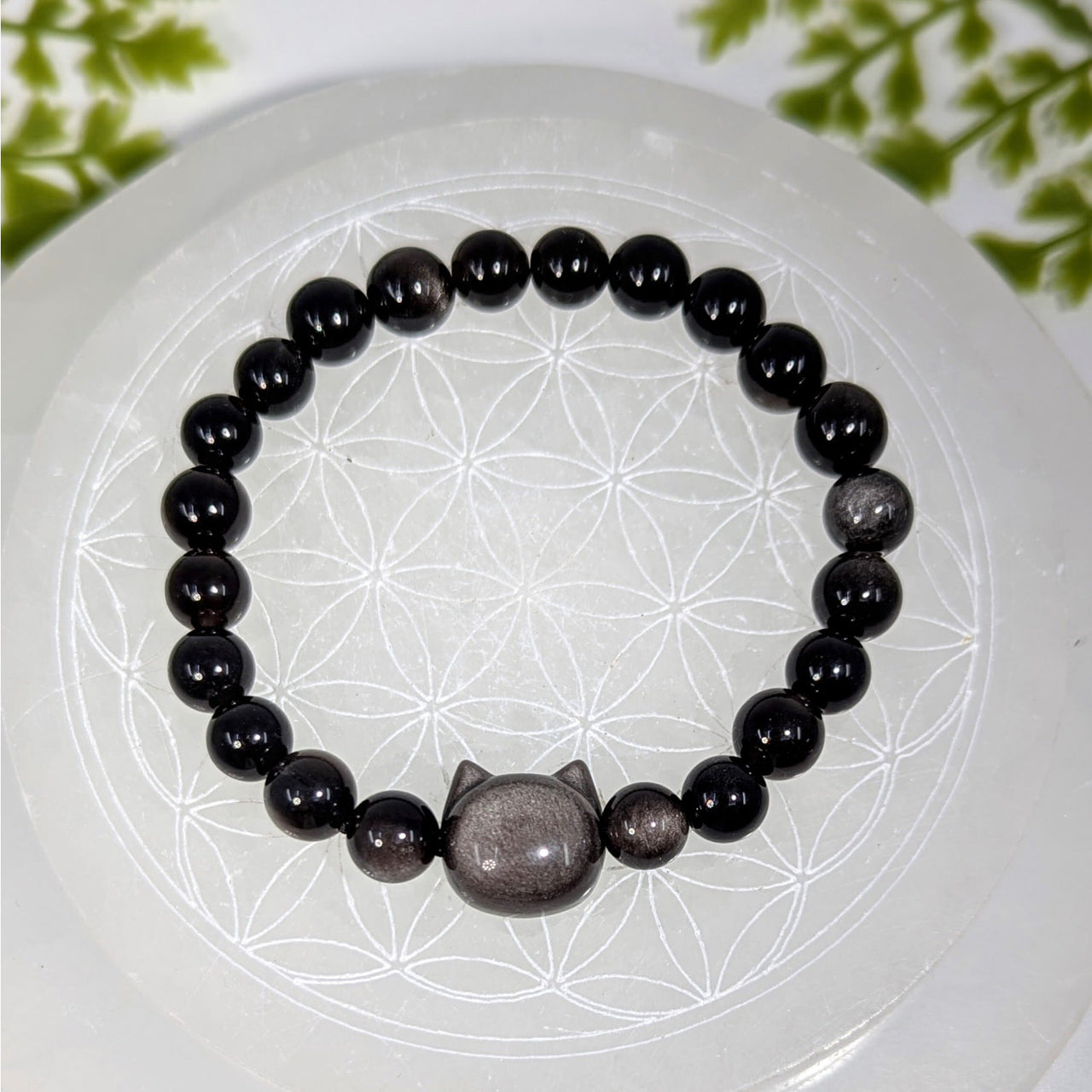 Goldsheen Obsidian 7’’ black beaded bracelet with silver cat charm #BC0938