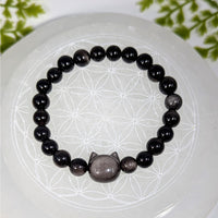 Goldsheen Obsidian 7’’ black beaded bracelet with silver cat charm #BC0938