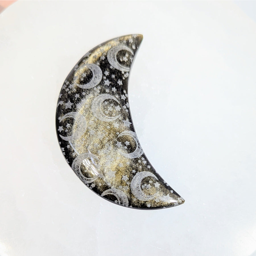 Goldsheen Obsidian Moon 2.6-inch decorative crescent moon with glitter and etched stars
