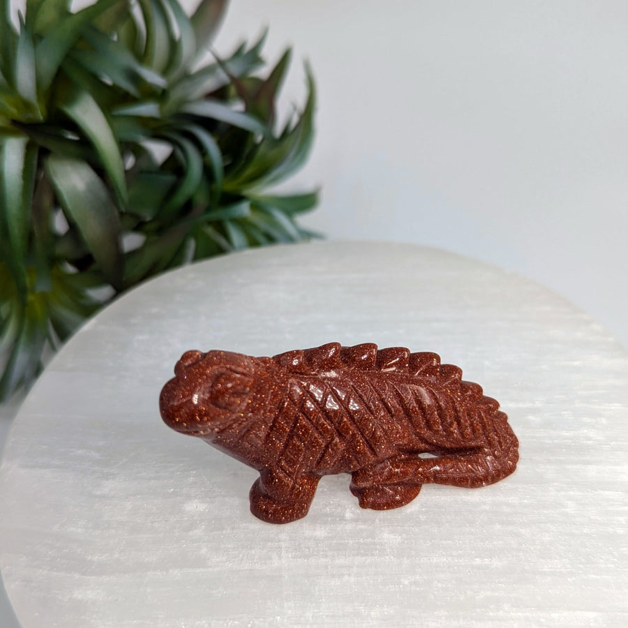 Sparkly Brown Stone Lizard Figurine in Goldstone 1.9 Iguana Carving #LV7730