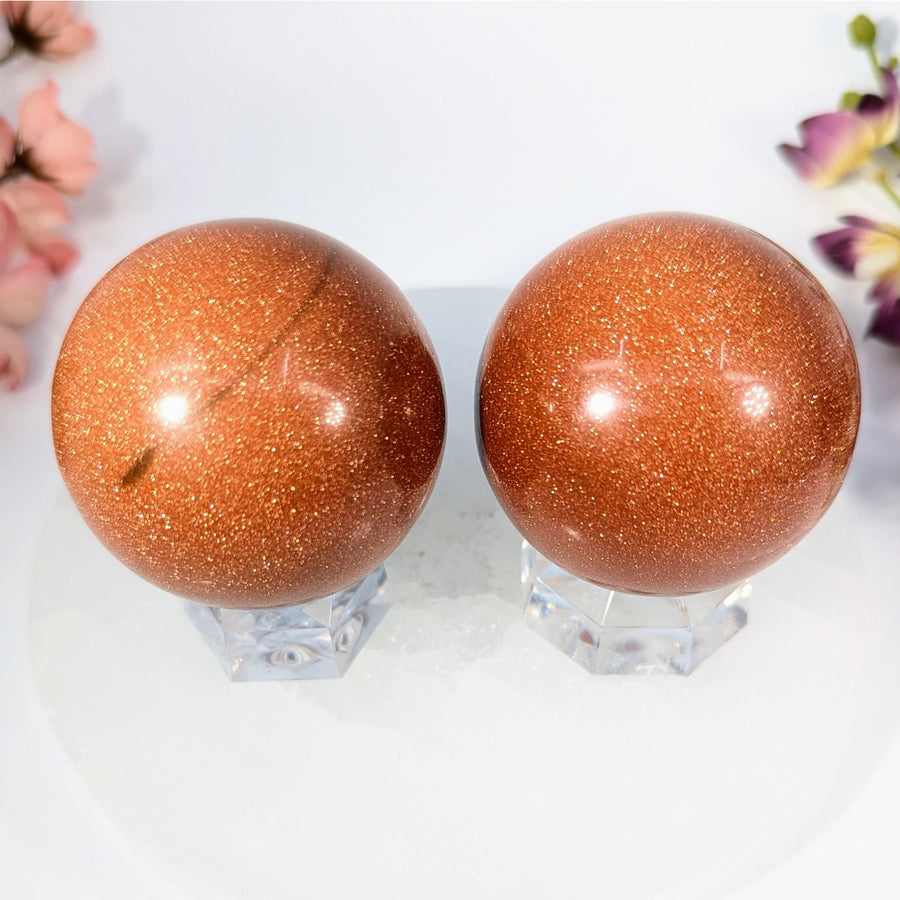 Two polished golden sandstone spheres on crystal stands, Goldstone 1.9’’ #BC0351