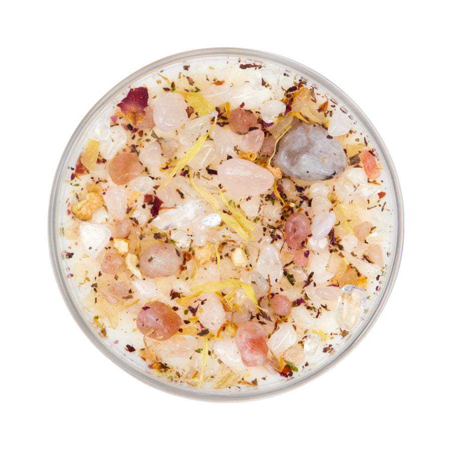 Good Vibes Only ritual soy candle with pink crystals, rose petals, herbs in glass jar