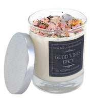 Good Vibes Only ritual soy candle with pink orange crystals and botanicals