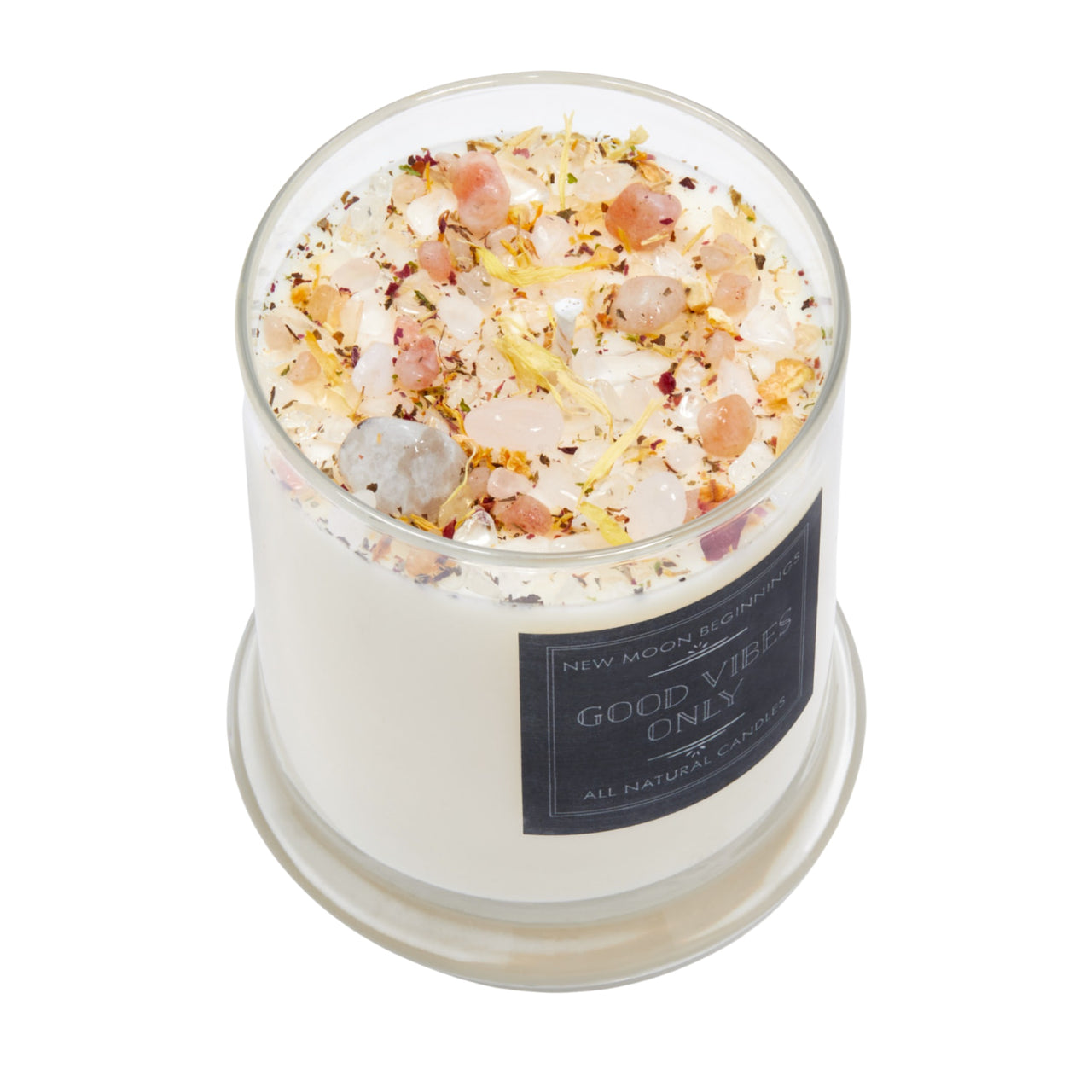 Good Vibes Only ritual soy candle in clear glass jar with pink yellow crystal salts and dried flower petals