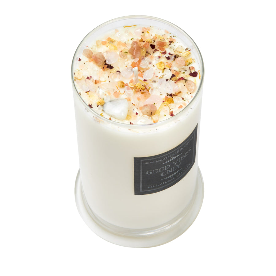 Good Vibes Only ritual soy candle with pink yellow crystals and dried petals