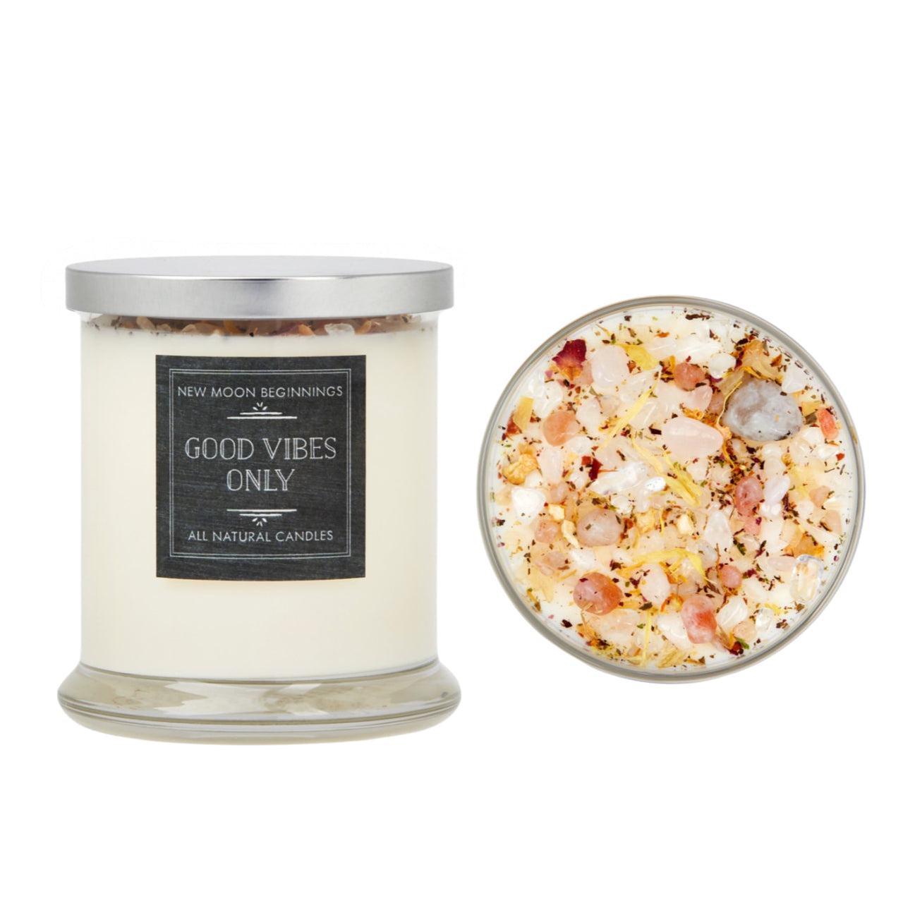 Good Vibes Only ritual soy candle with pink salt crystals and rose petals