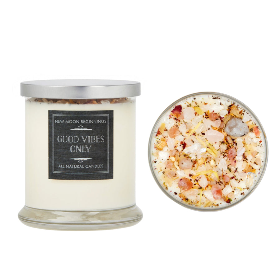 Good Vibes Only ritual soy candle with pink salt crystals and rose petals