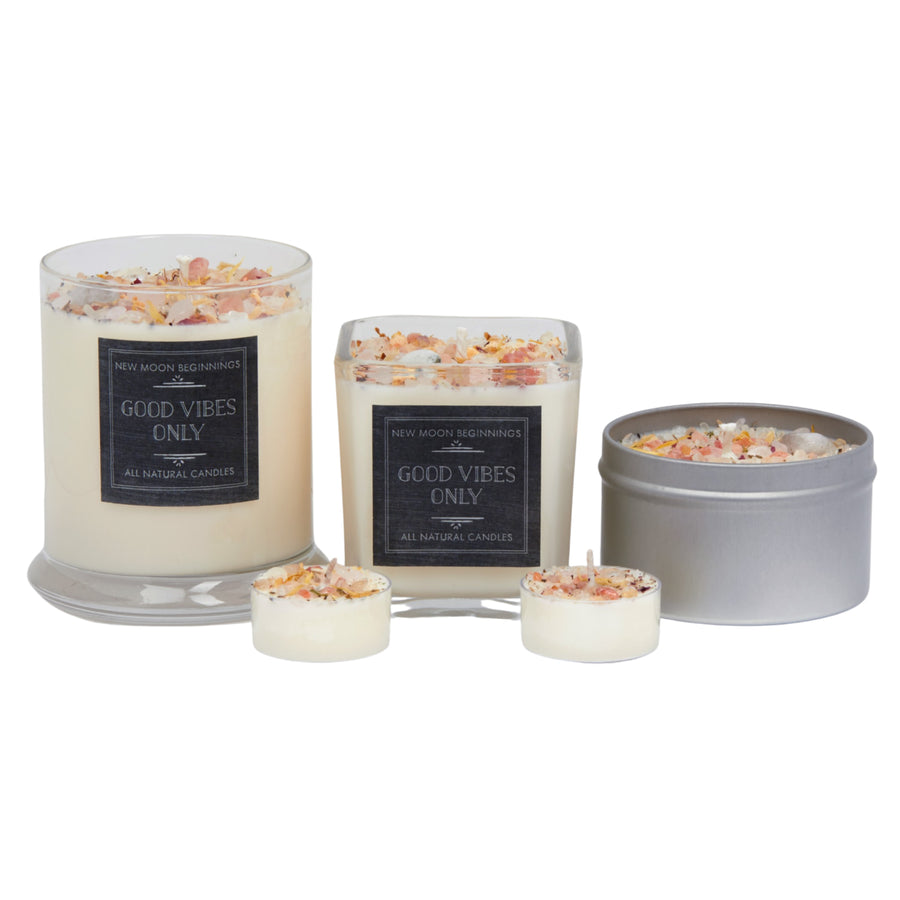 Good Vibes Only ritual soy candles with herbs, flowers, crystals #BC0427
