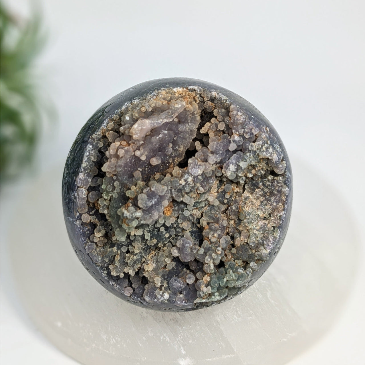 Round geode with purple chalcedony agate and gray crystals in Grape Agate 2.5’’ Sphere