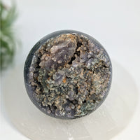 Thumbnail for Round geode with purple chalcedony agate and gray crystals in Grape Agate 2.5’’ Sphere