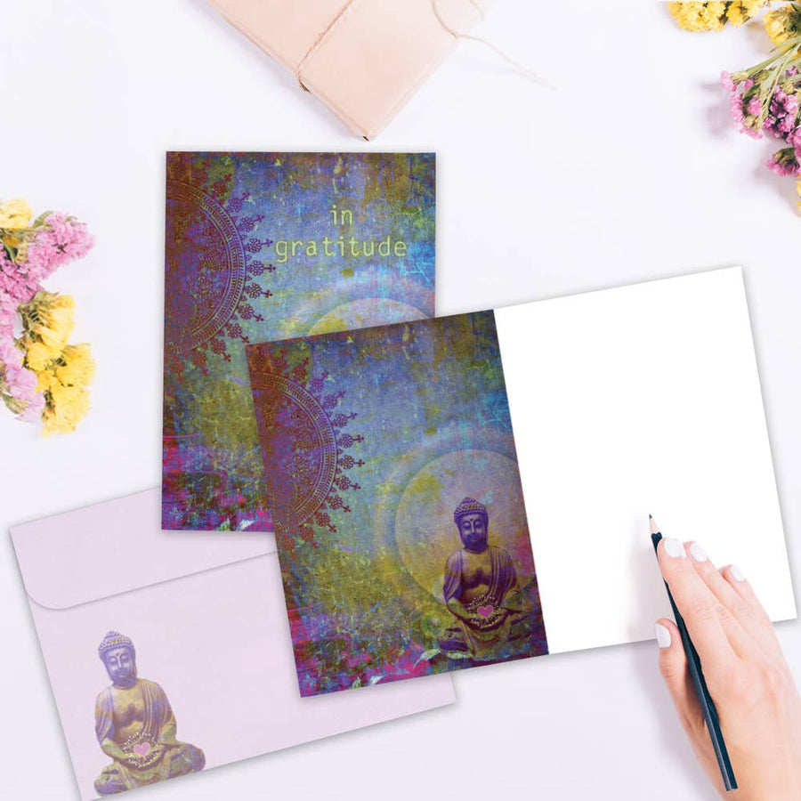 Gratitude Buddha Thank You card #17829 with colorful mandala, golden Buddha, in gratitude