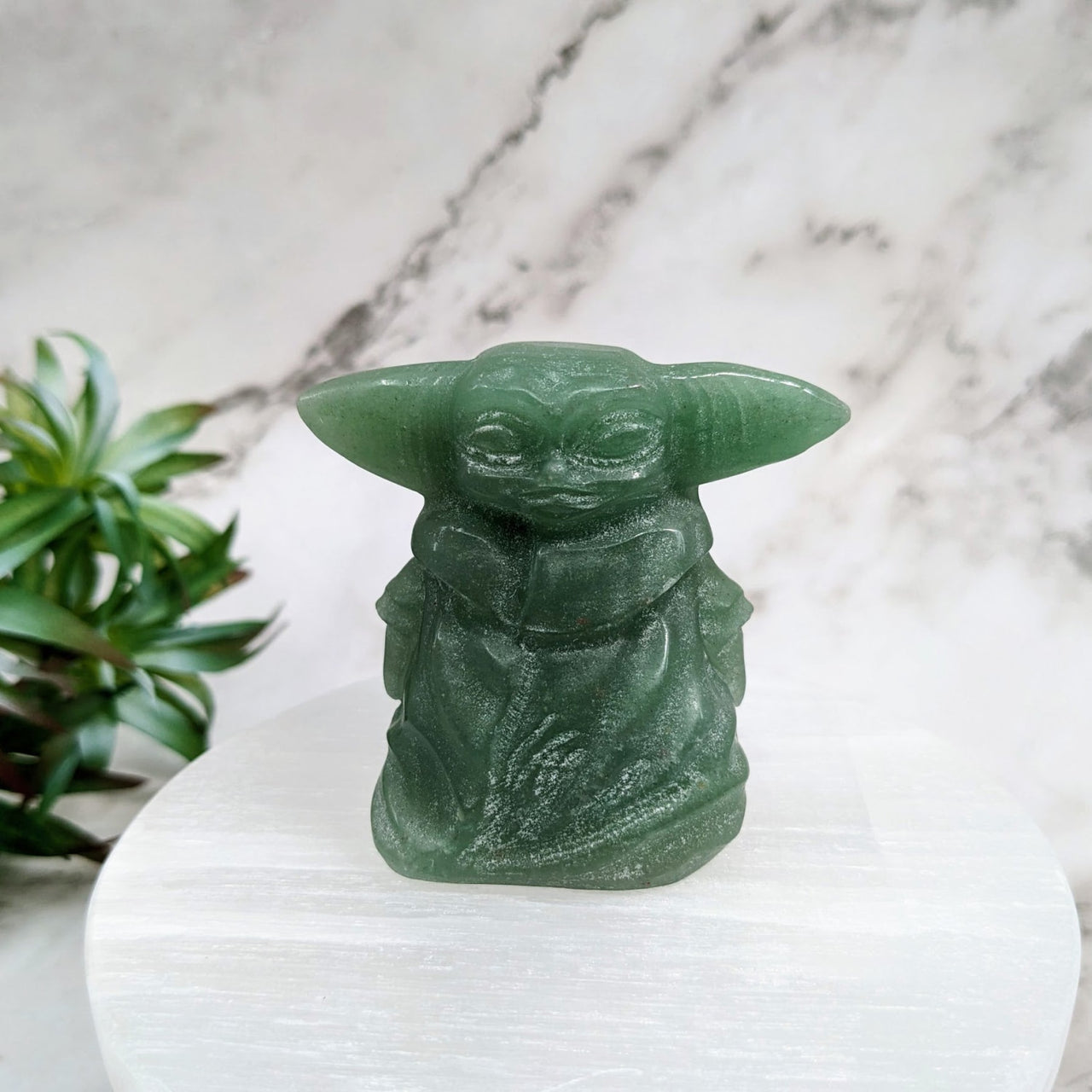 Green Aventurine Baby Yoda statue on a white pedestal - 2.3’ Grogu #LV4201