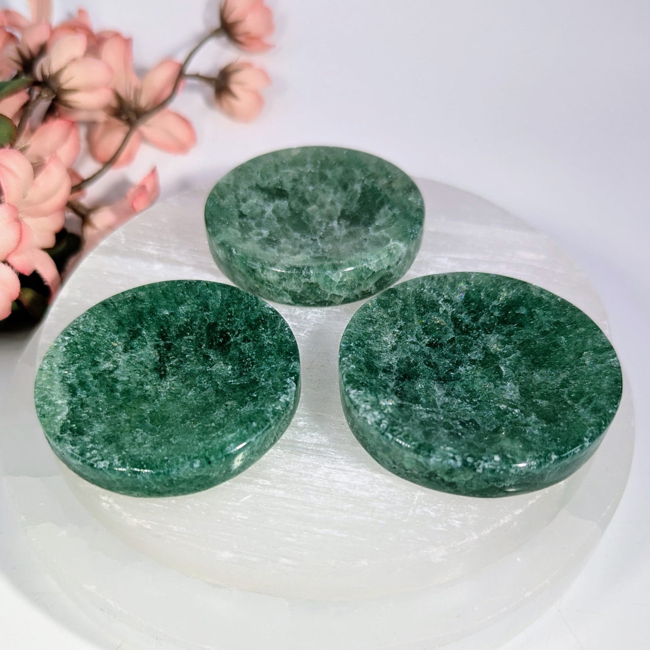 Three polished green aventurine stone coasters with marbled sparkle, 2’’ mini plates #BC0159
