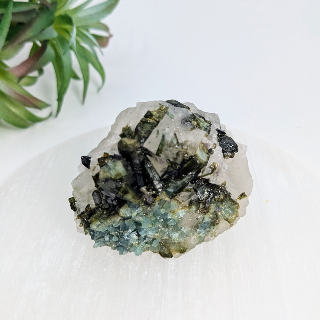 Raw Green and Blue Tourmaline 2” in Quartz Rough with white crystals and dark hues