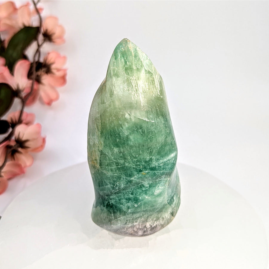 Green and white fluorite flame freeform gemstone displayed in Green Fluorite 3.7 inch Flame Freeform #LV8021