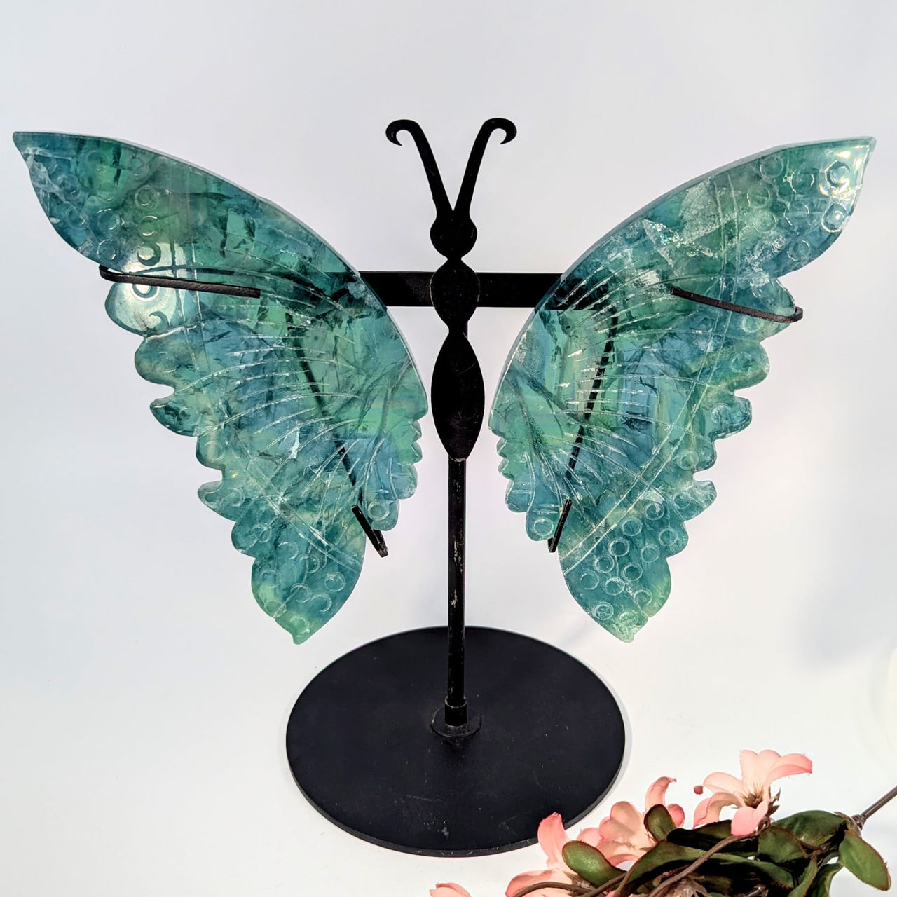 Green Fluorite 6.5-inch Teal Butterfly Sculpture on Black Stand #BC0209