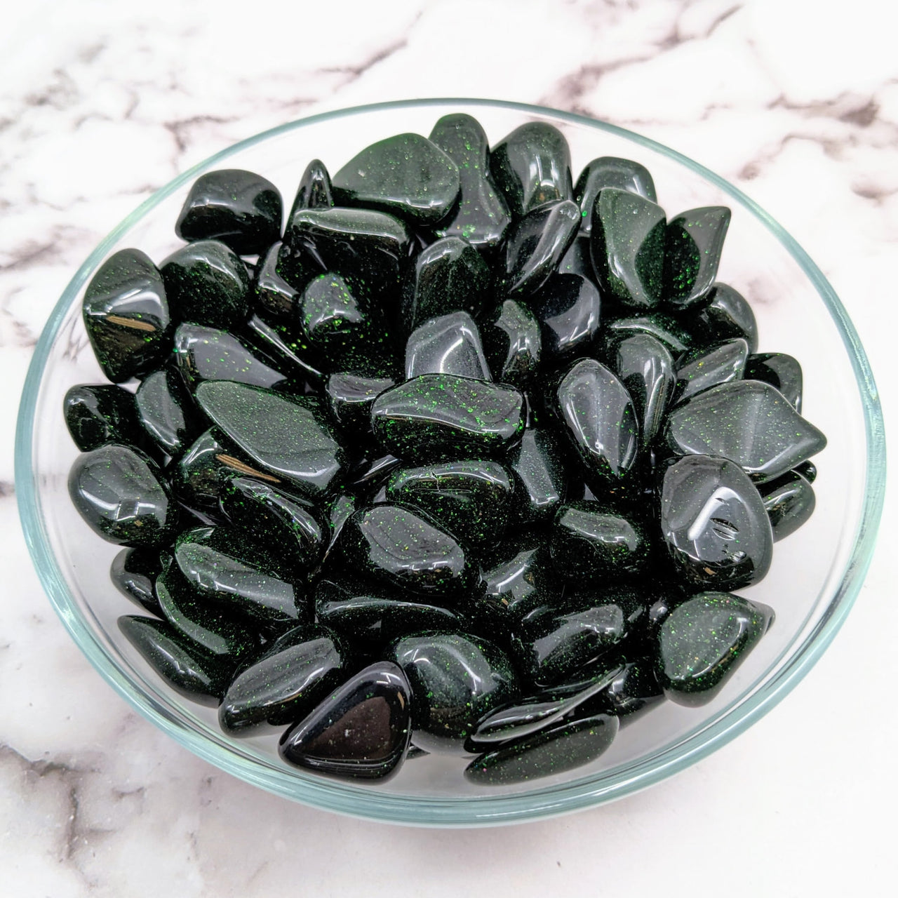 A bowl of green sea glass pebbles - Green Goldstone tumbled stones #LV1499