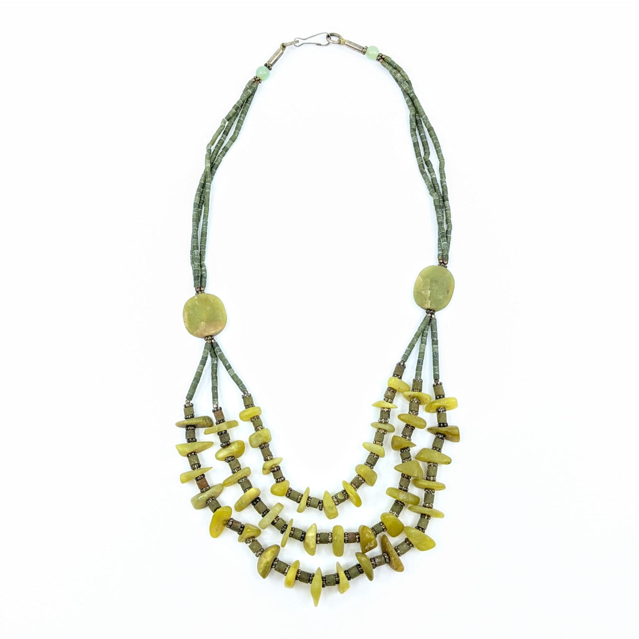 Multi-strand Green Jade 23’’ Triple Strand Necklace with yellow and green beads