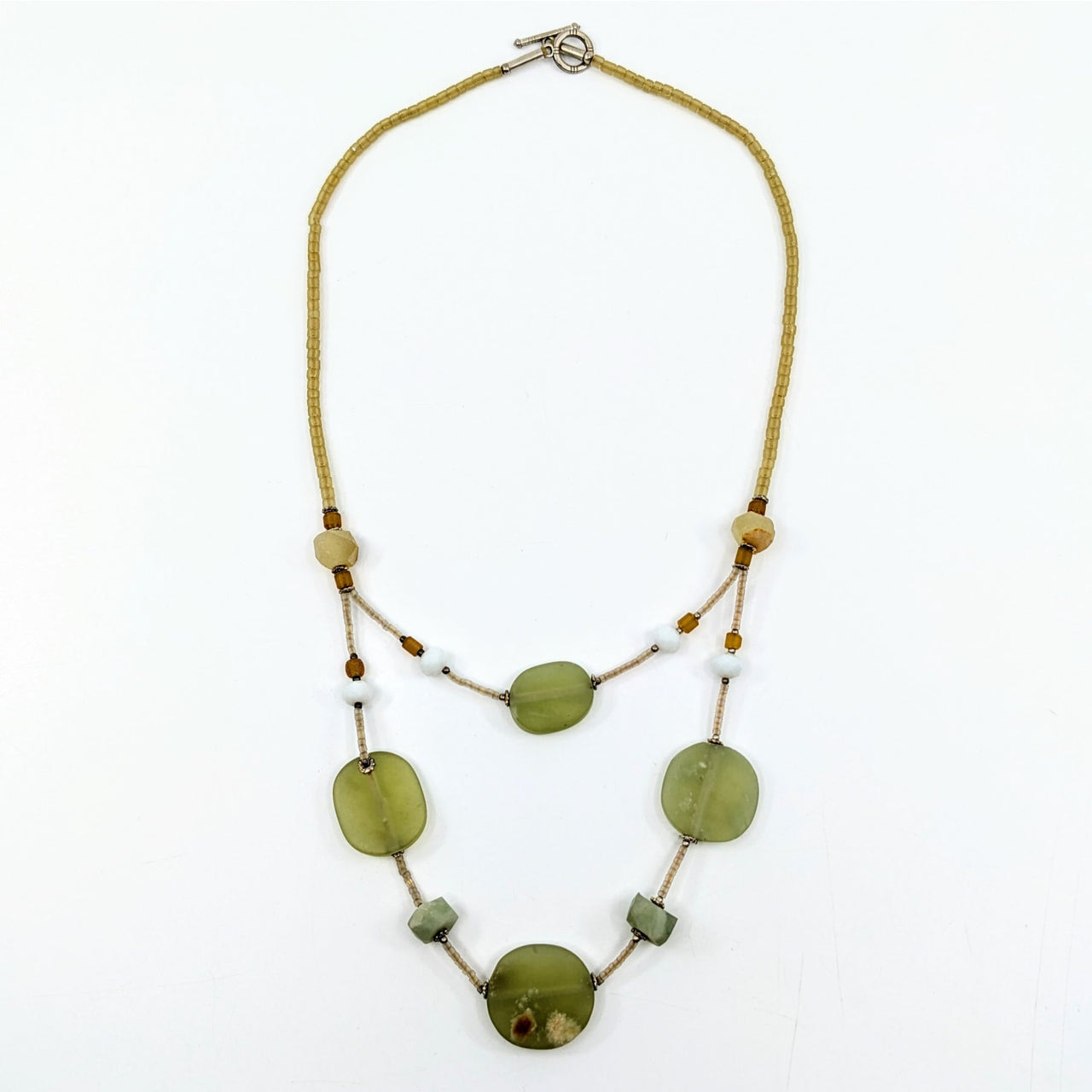 Double-stranded beaded Green Jade 24’’ and Glass Necklace with olive green stones