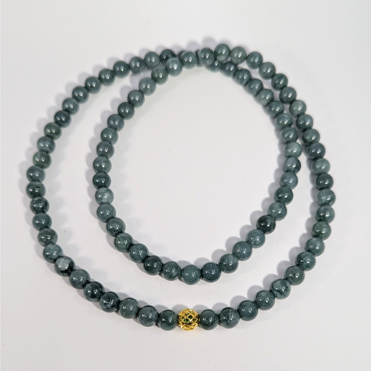 Green Jade 25’’ long necklace with dark gray beads and gold clasp #BC0941