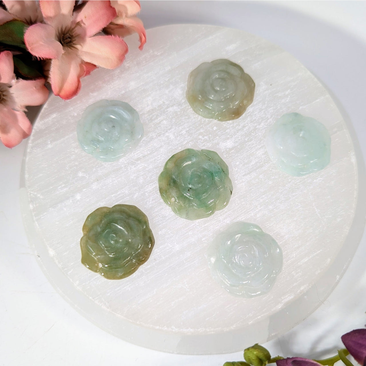 Six green jade rose pendants, 0.9 inch, model BC0358