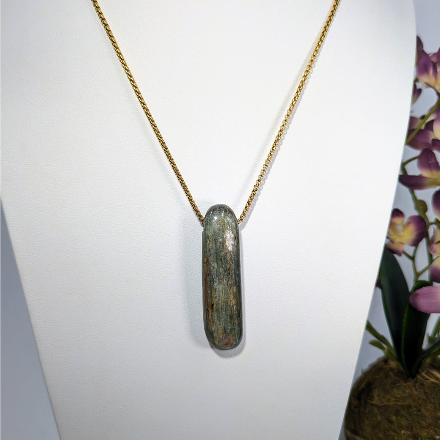 Gold chain necklace with polished Green Kyanite stone pendant on a drilled 18-inch cord